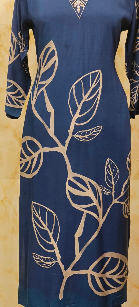 Gaint Leafy Print V-Neck Beads Worked Kurta Pant Set In Muslin Fabric- 11632, 11633, 11634, 11635