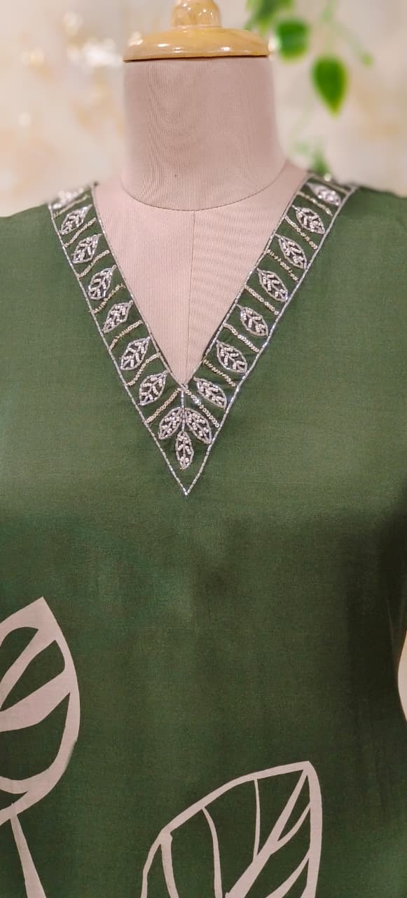 Gaint Leafy Print V-Neck Beads Worked Kurta Pant Set In Muslin Fabric- 11632, 11633, 11634, 11635