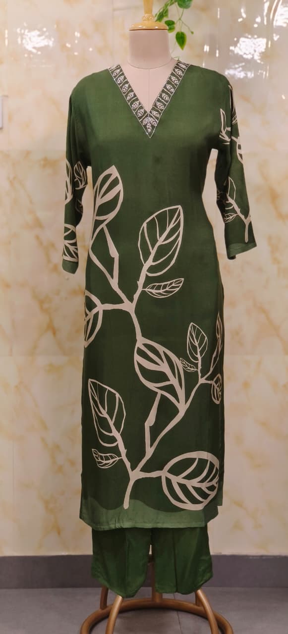 Gaint Leafy Print V-Neck Beads Worked Kurta Pant Set In Muslin Fabric- 11632, 11633, 11634, 11635