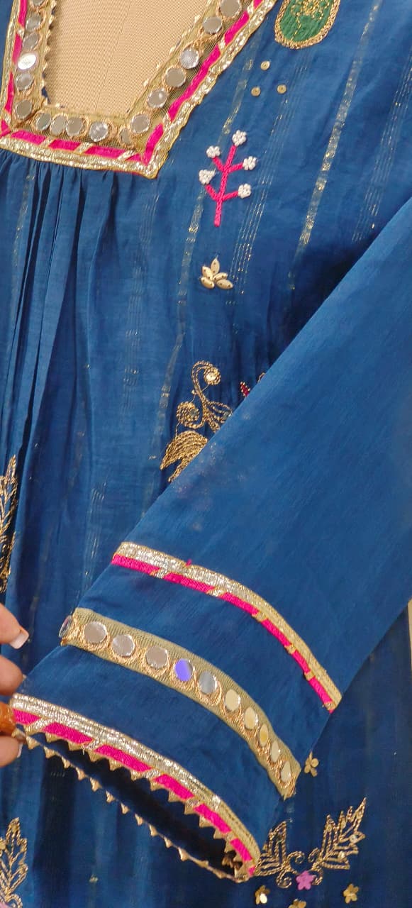 Beautiful Real Mirror V-Neck Embroidered Full Suit Set With Dupatta In Mul Chanderi Fabric- 10795, 10796