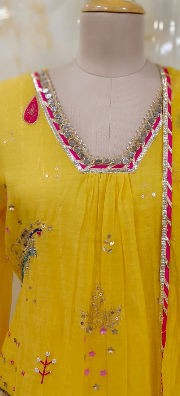 Beautiful Real Mirror V-Neck Embroidered Full Suit Set With Dupatta In Mul Chanderi Fabric- 10795, 10796