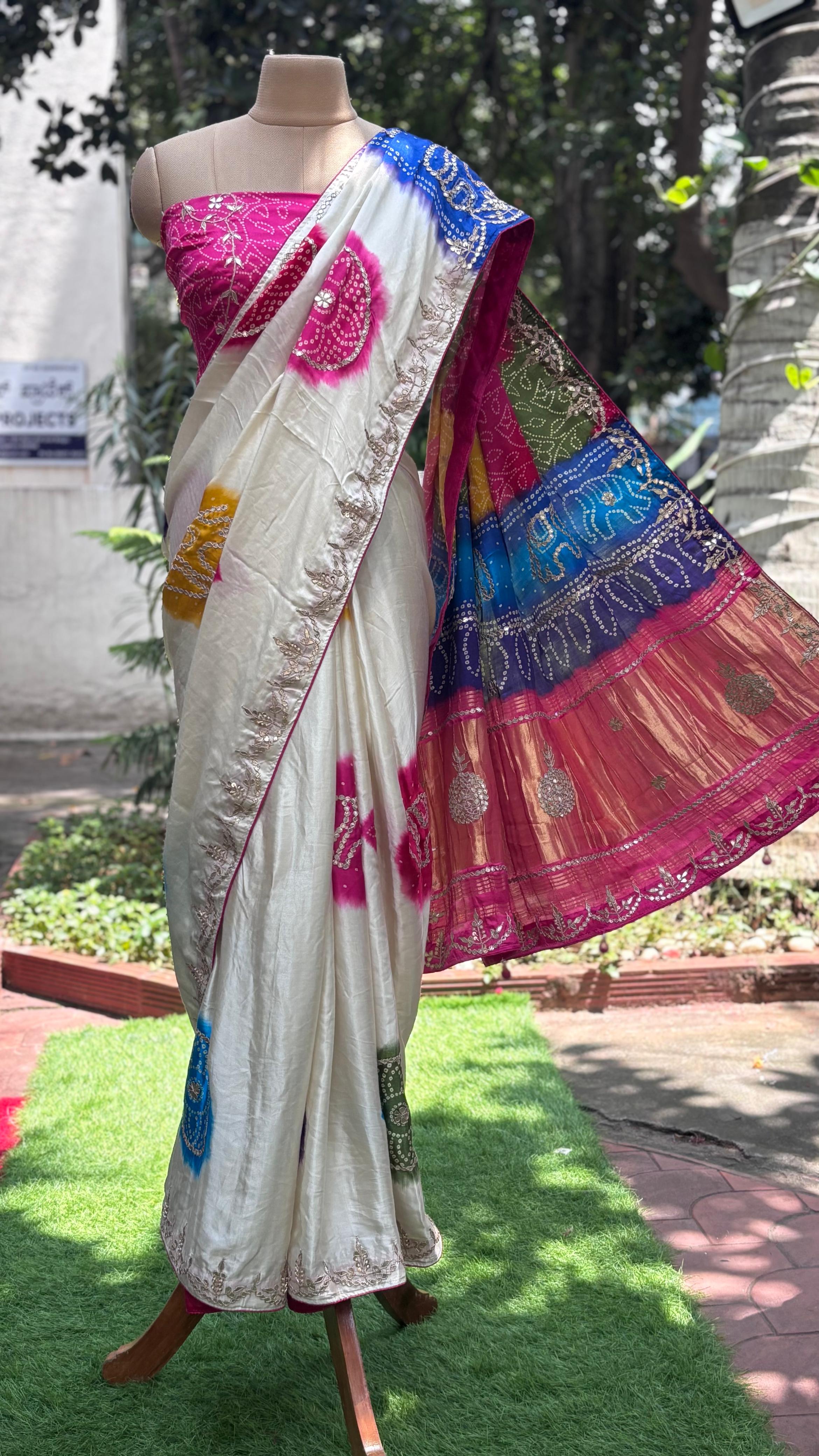 Gotta Minimal Bordered Tri Color Bandhej Saree With Unstitch Blouse