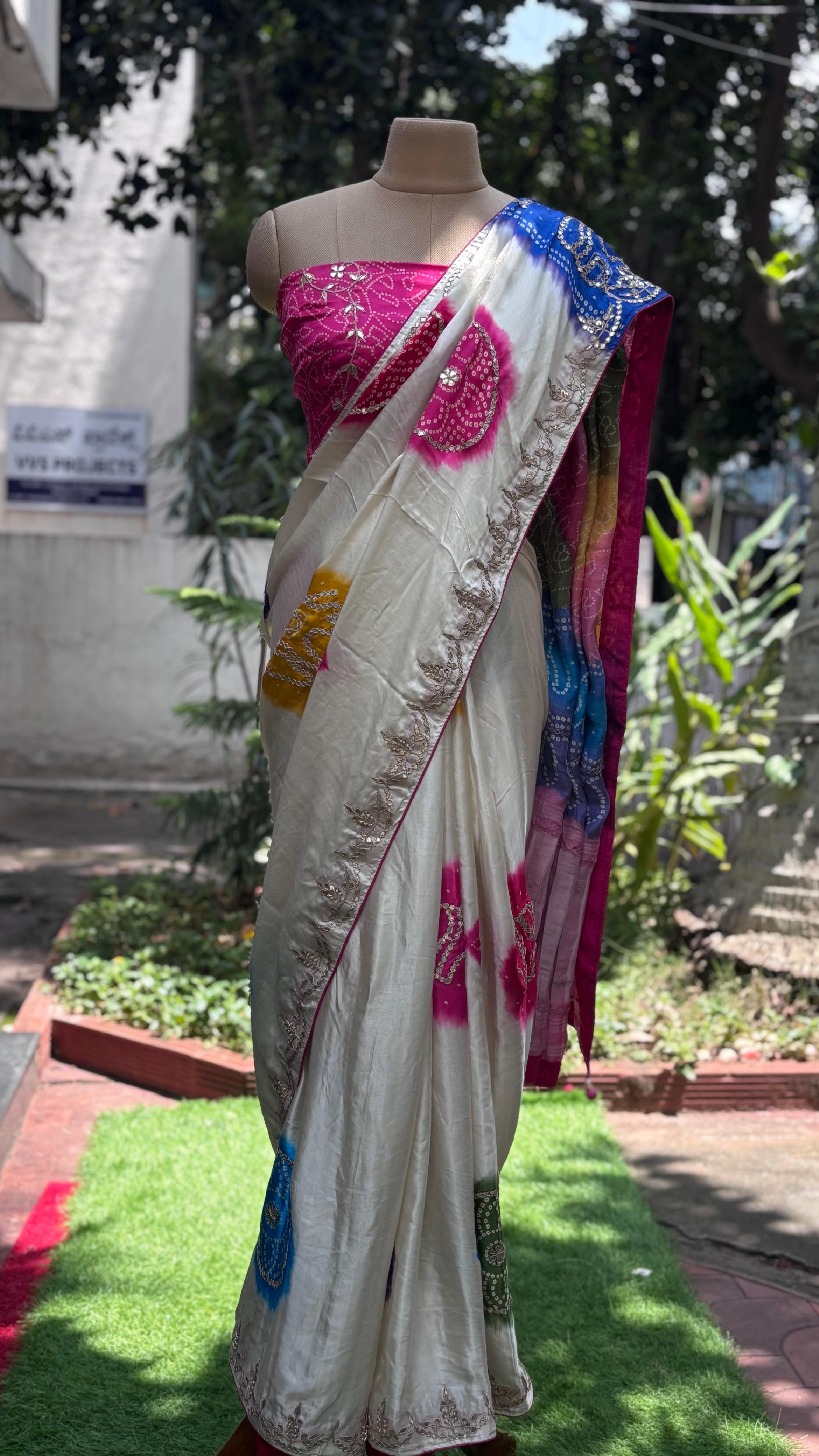 Gotta Minimal Bordered Tri Color Bandhej Saree With Unstitch Blouse