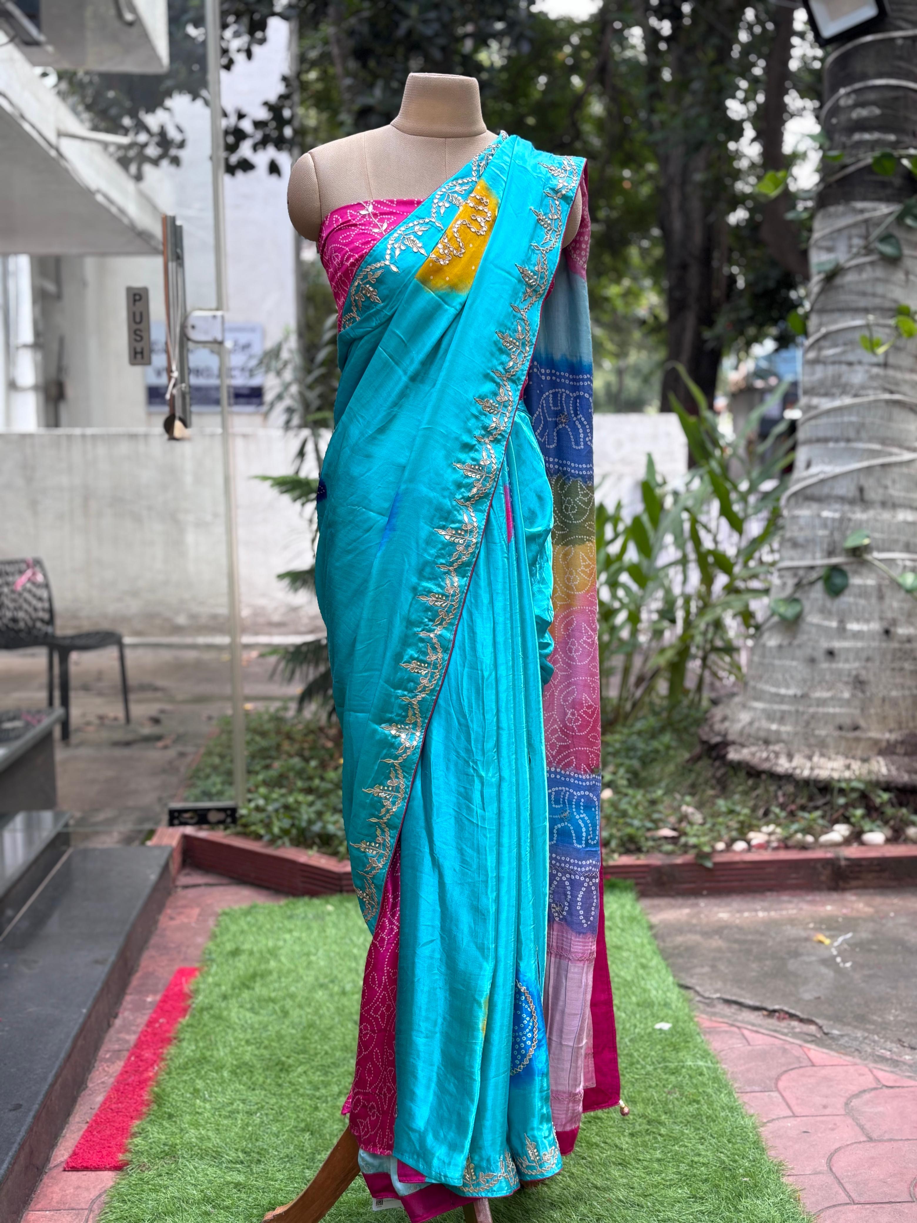 Gotta Minimal Bordered Tri Color Bandhej Saree With Unstitch Blouse