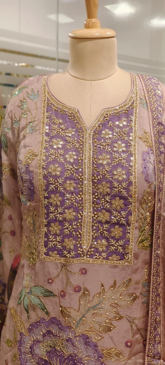 Heavy Floral Print Shimmer Tissue Full Embroidered Sharara Set With Matching Mukesh Work Dupatta