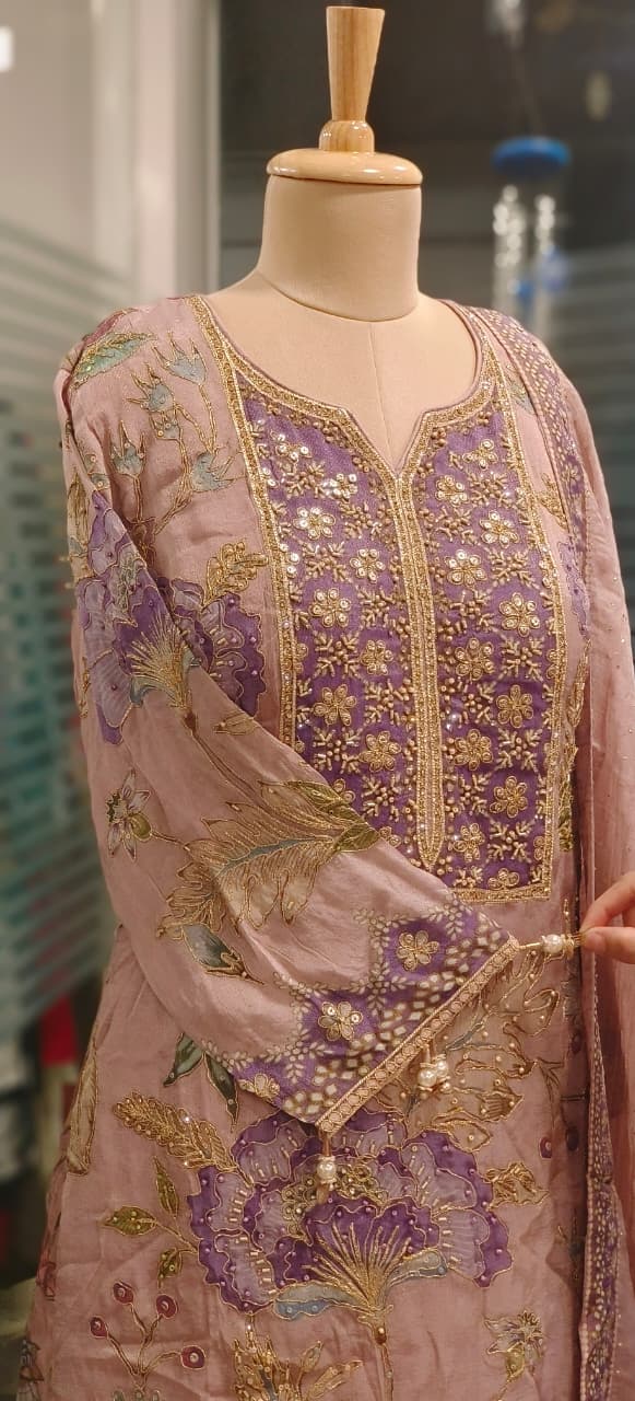 Heavy Floral Print Shimmer Tissue Full Embroidered Sharara Set With Matching Mukesh Work Dupatta