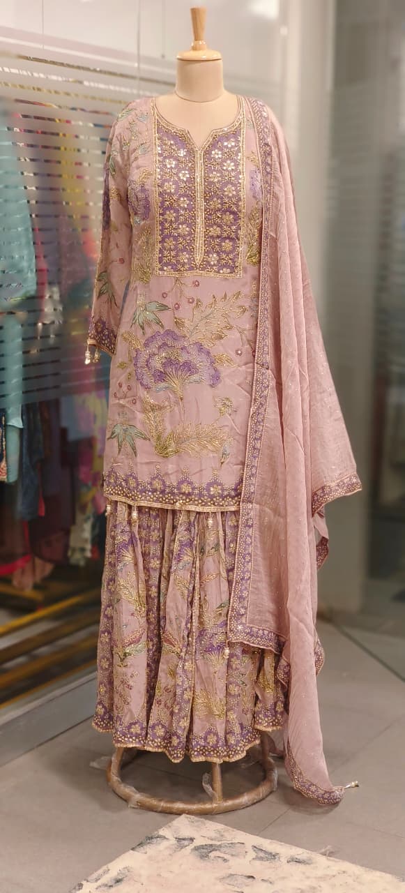 Heavy Floral Print Shimmer Tissue Full Embroidered Sharara Set With Matching Mukesh Work Dupatta