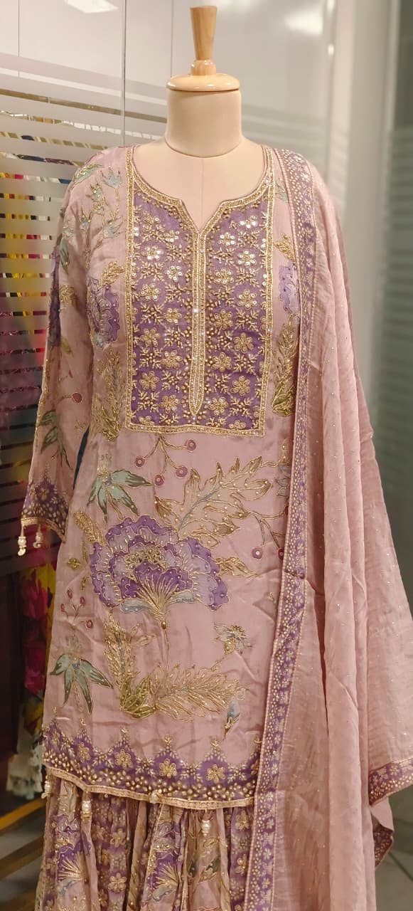 Heavy Floral Print Shimmer Tissue Full Embroidered Sharara Set With Matching Mukesh Work Dupatta