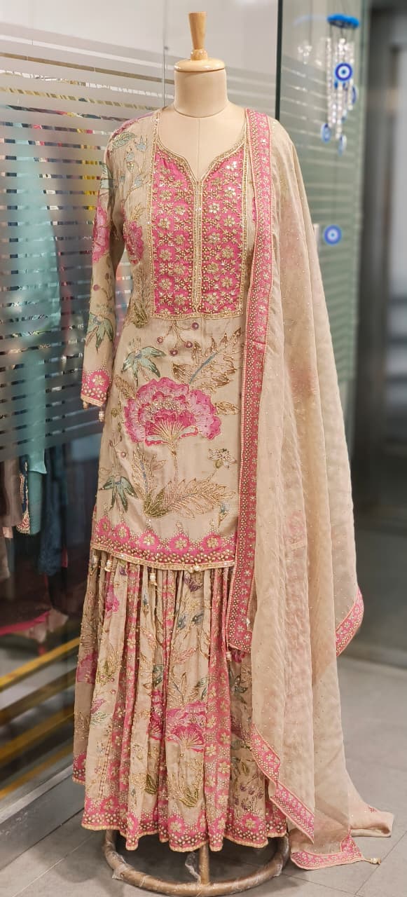 Heavy Floral Print Shimmer Tissue Full Embroidered Sharara Set With Matching Mukesh Work Dupatta