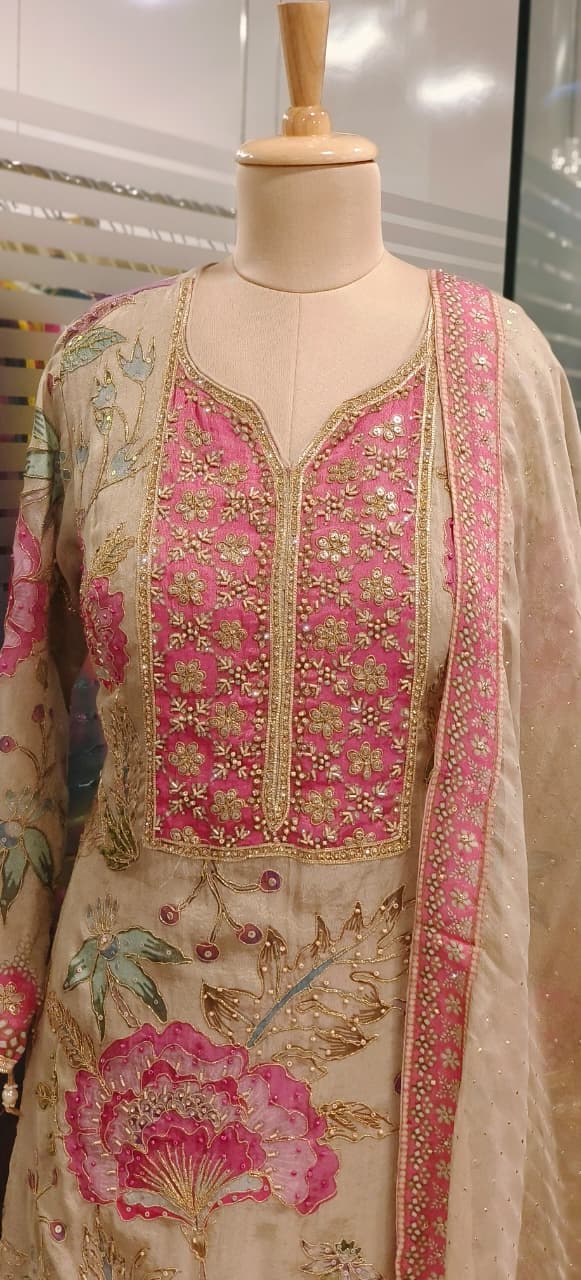 Heavy Floral Print Shimmer Tissue Full Embroidered Sharara Set With Matching Mukesh Work Dupatta