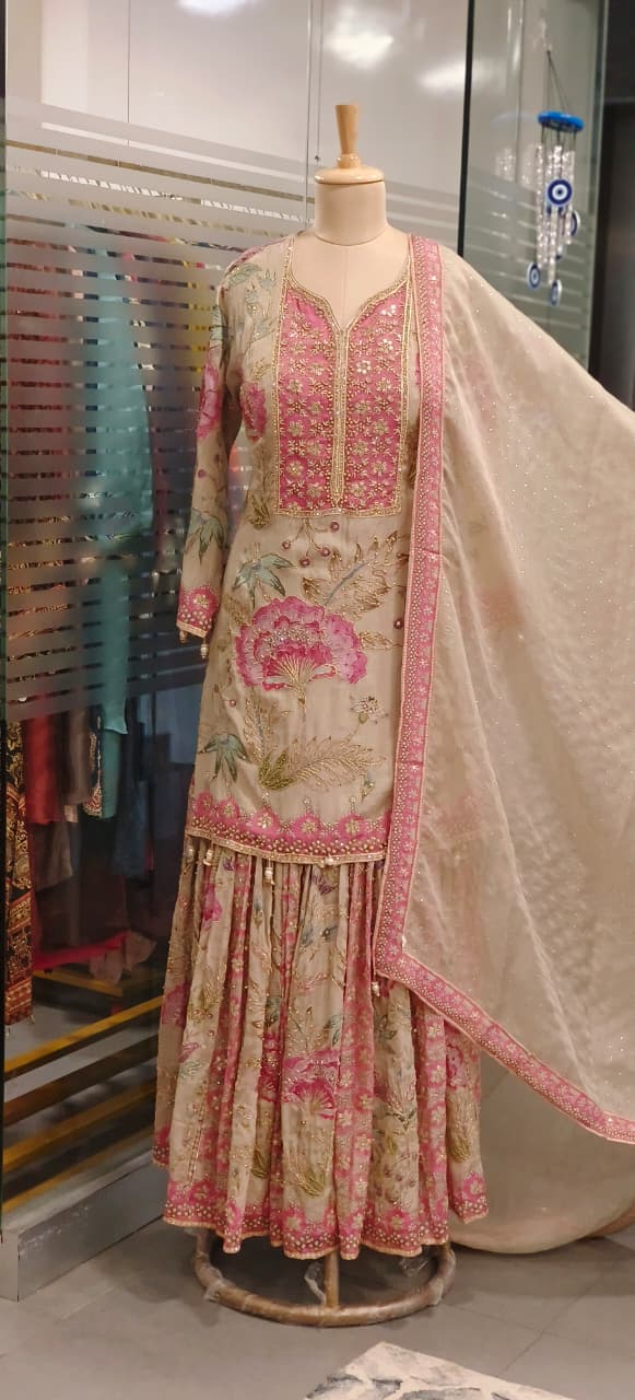 Heavy Floral Print Shimmer Tissue Full Embroidered Sharara Set With Matching Mukesh Work Dupatta