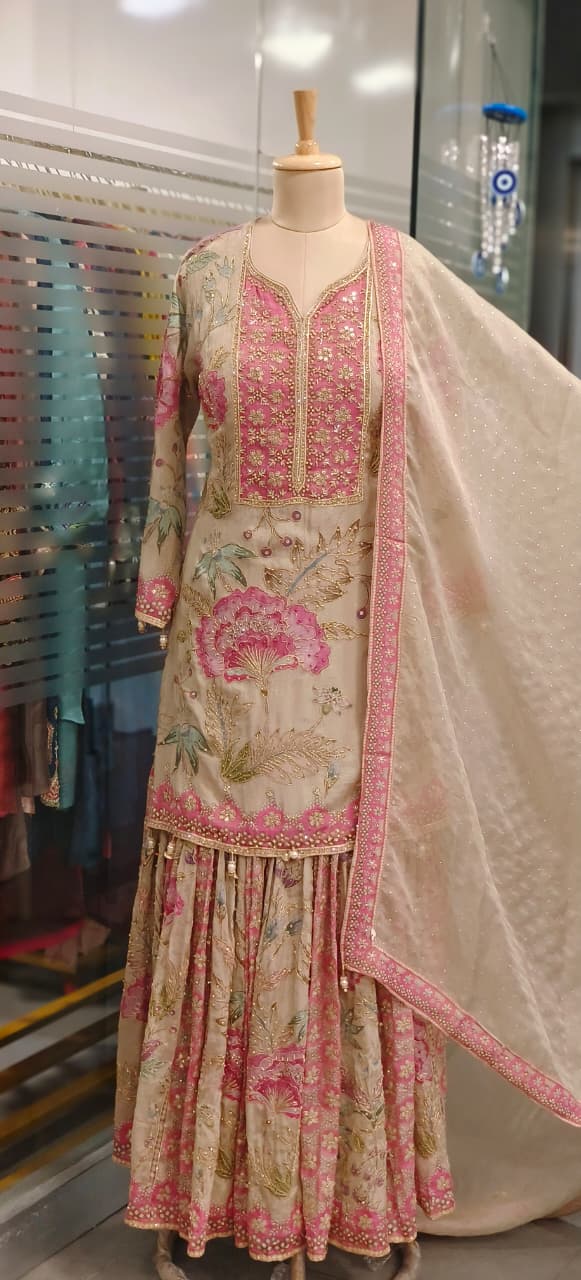 Heavy Floral Print Shimmer Tissue Full Embroidered Sharara Set With Matching Mukesh Work Dupatta