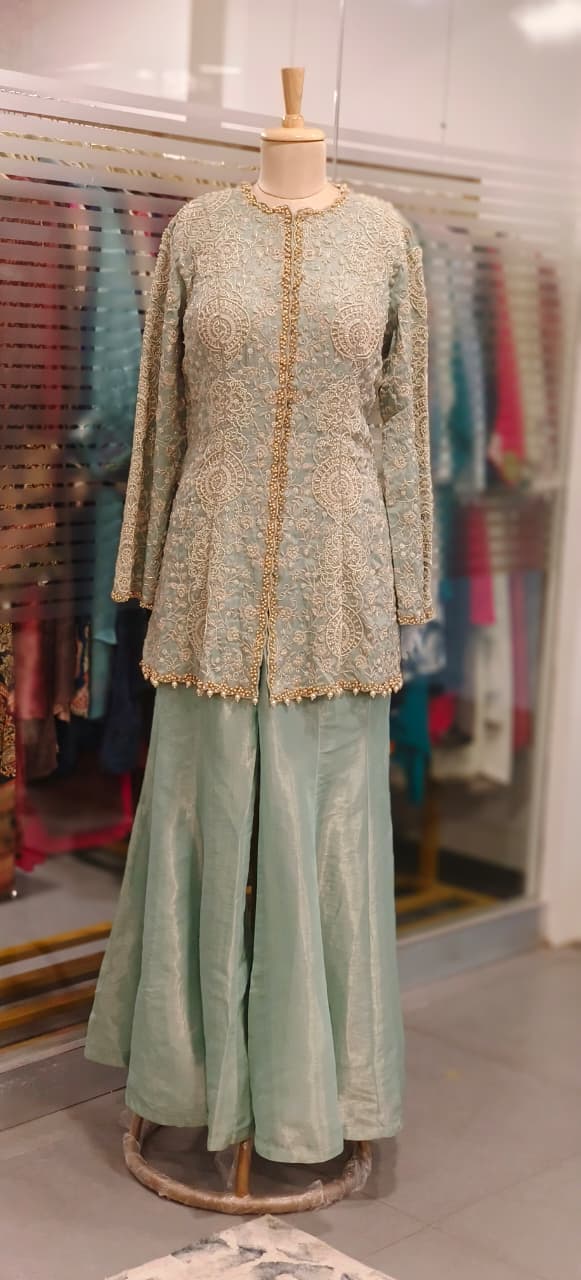 Pastel Green Indo-Western Sharara Set with Long Embroidered Jacket