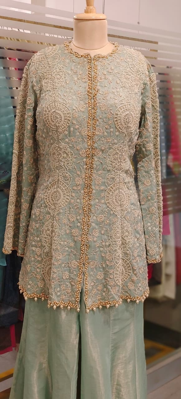 Pastel Green Indo-Western Sharara Set with Long Embroidered Jacket