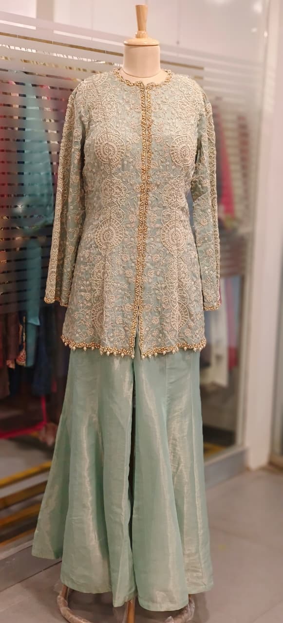 Pastel Green Indo-Western Sharara Set with Long Embroidered Jacket