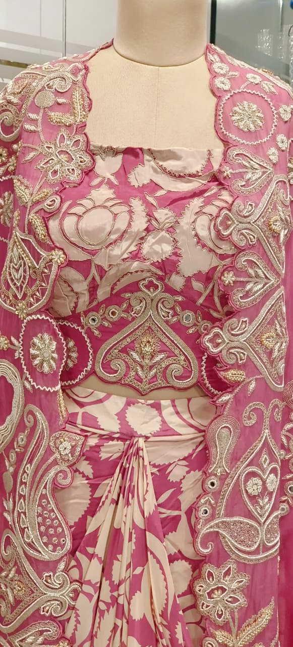 Regal Zari Embroidered Crop Top With Drape Skirt & Cut Work Shrug In Crepe Fabric- 11733, 11734
