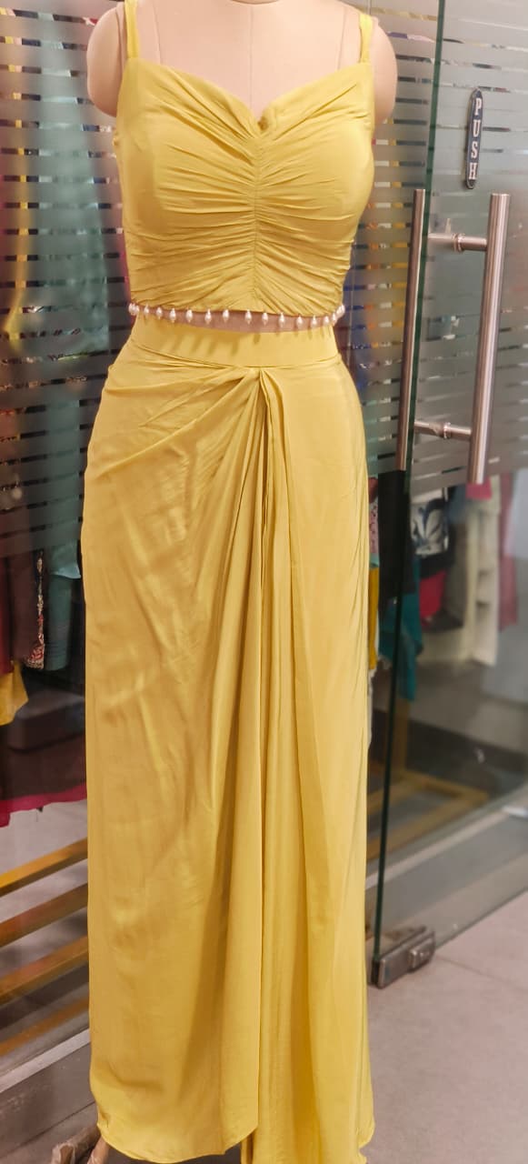 Elegant Floral Thread Embroidered Transparent Cape With Stylish Buster & Drape Skirt- 11735