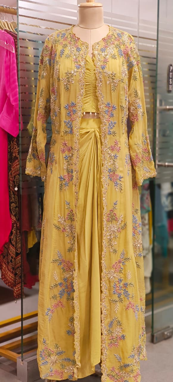 Elegant Floral Thread Embroidered Transparent Cape With Stylish Buster & Drape Skirt- 11735