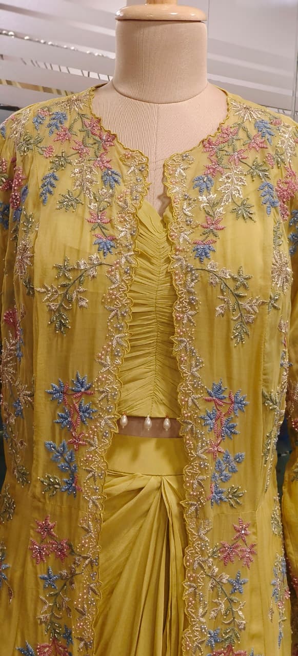 Elegant Floral Thread Embroidered Transparent Cape With Stylish Buster & Drape Skirt- 11735