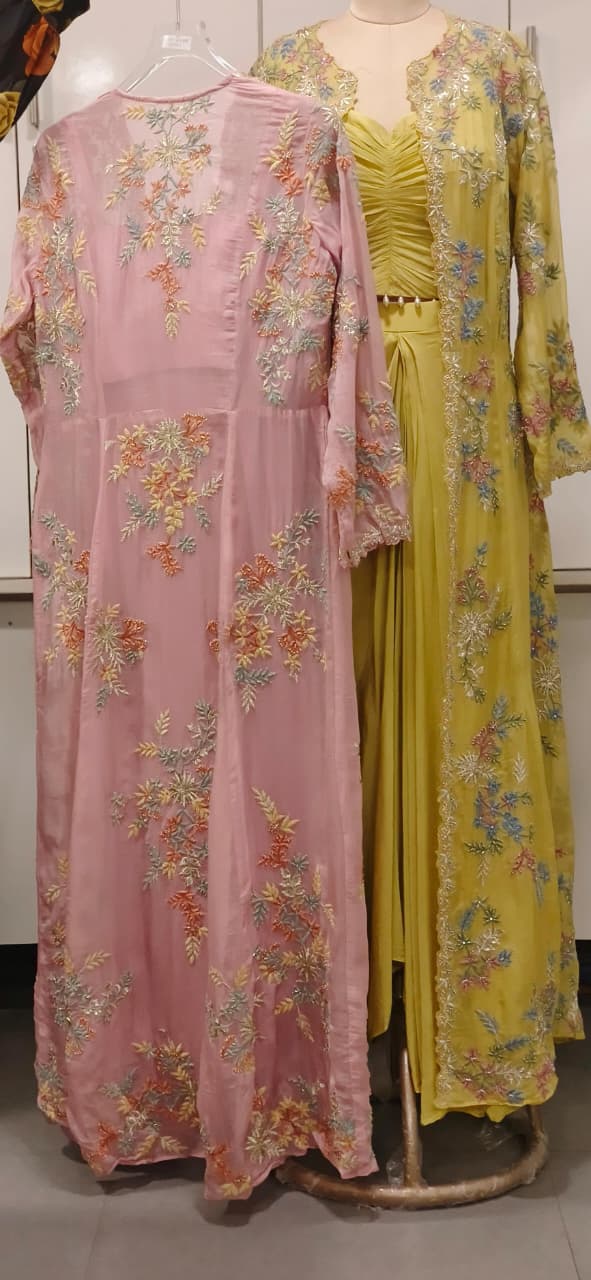 Elegant Floral Thread Embroidered Transparent Cape With Stylish Buster & Drape Skirt- 11735