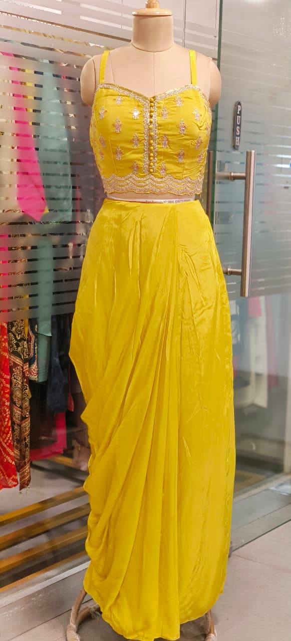 Heavy Handwork Beautiful Cut Work Bordered Shrug With Padded Crop Top & Drape Skirt- 11743