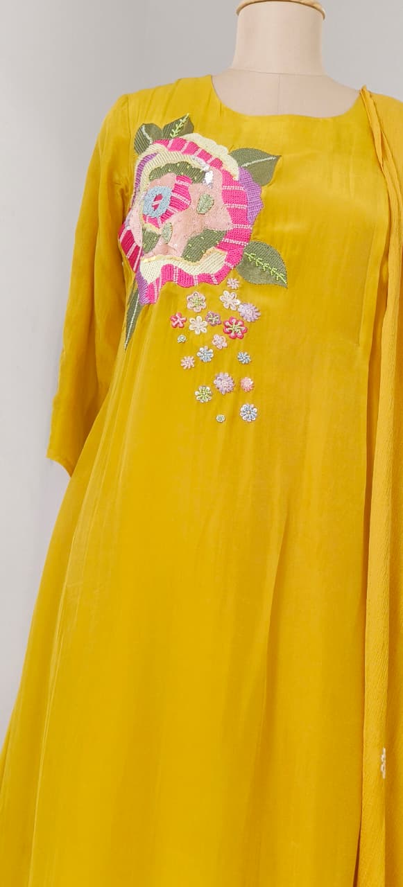 Colorful Vibrant Thread Embroidery Work A-Line Full Suit Set With Dupatta In Organza Crepe Fabric- 11512