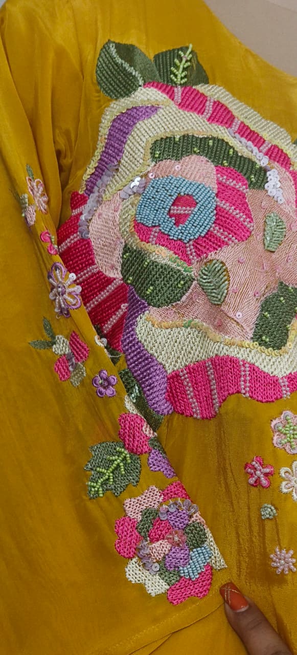 Colorful Vibrant Thread Embroidery Work A-Line Full Suit Set With Dupatta In Organza Crepe Fabric- 11512