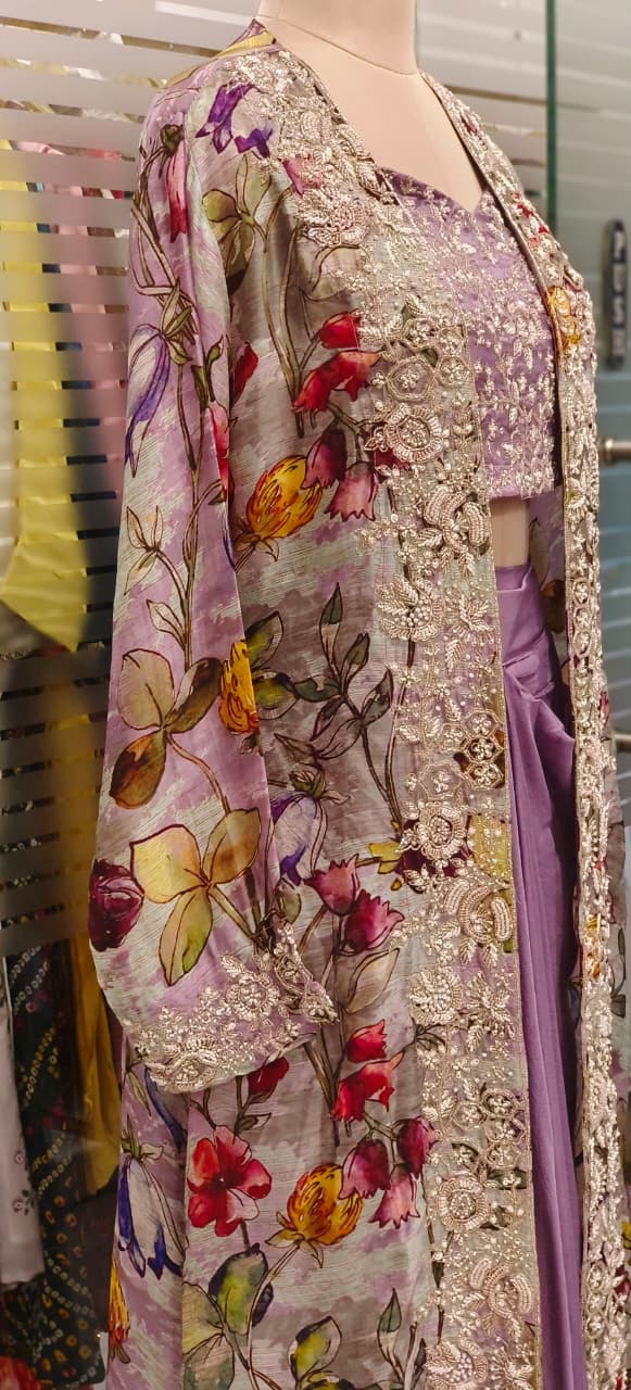 Heavy Handworked Digital Floral Print Shrug With Buster & Plain Drape Skirt- 11752, 11750