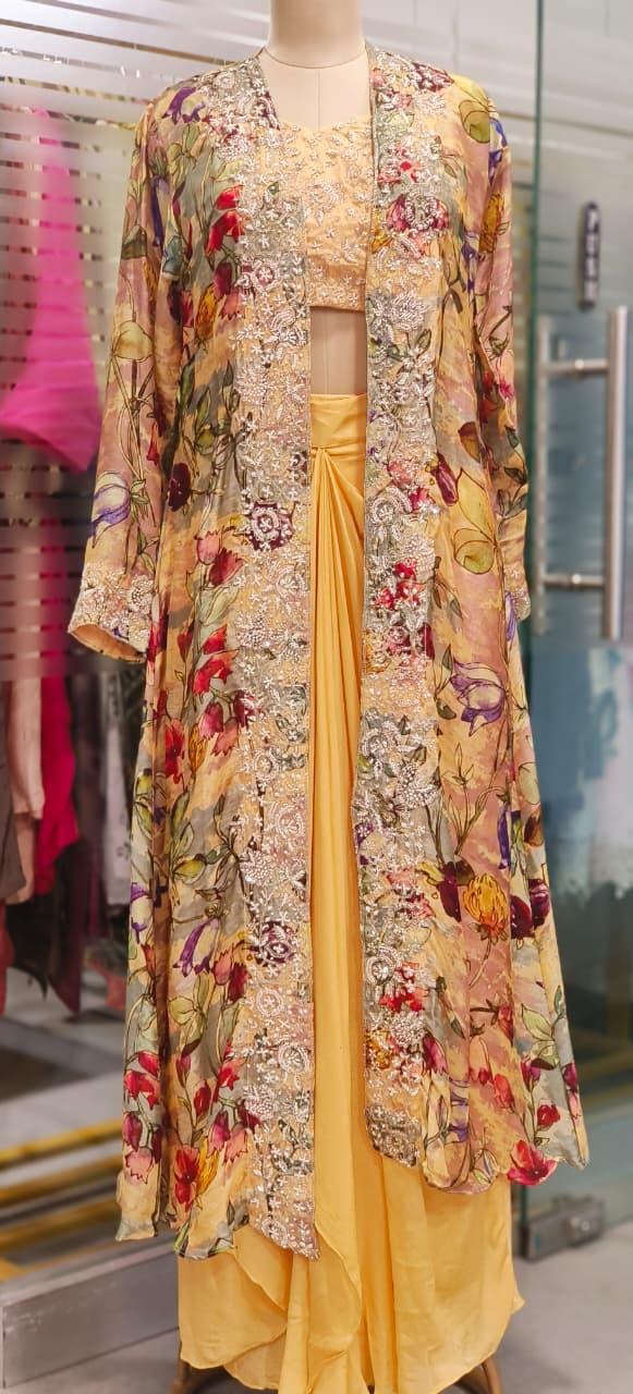 Heavy Handworked Digital Floral Print Shrug With Buster & Plain Drape Skirt- 11752, 11750