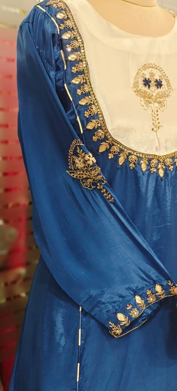 U-Yoke Zardosi Embroidered A-Line Full Suit Set With Striped Dupatta In Crepe Fabric- 11781, 11782