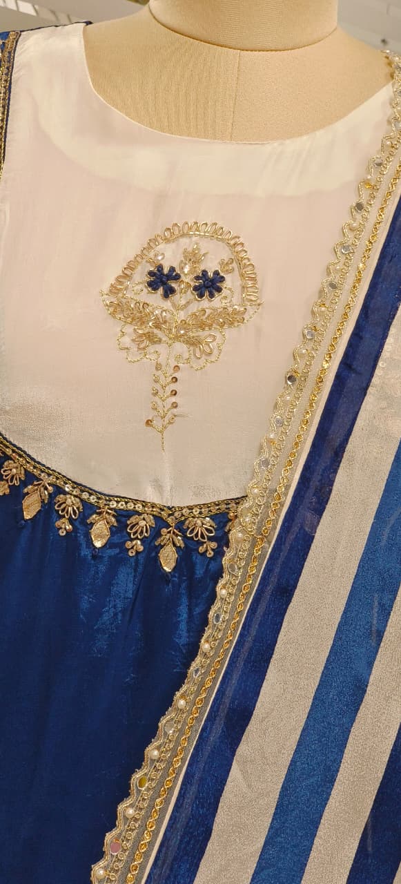 U-Yoke Zardosi Embroidered A-Line Full Suit Set With Striped Dupatta In Crepe Fabric- 11781, 11782