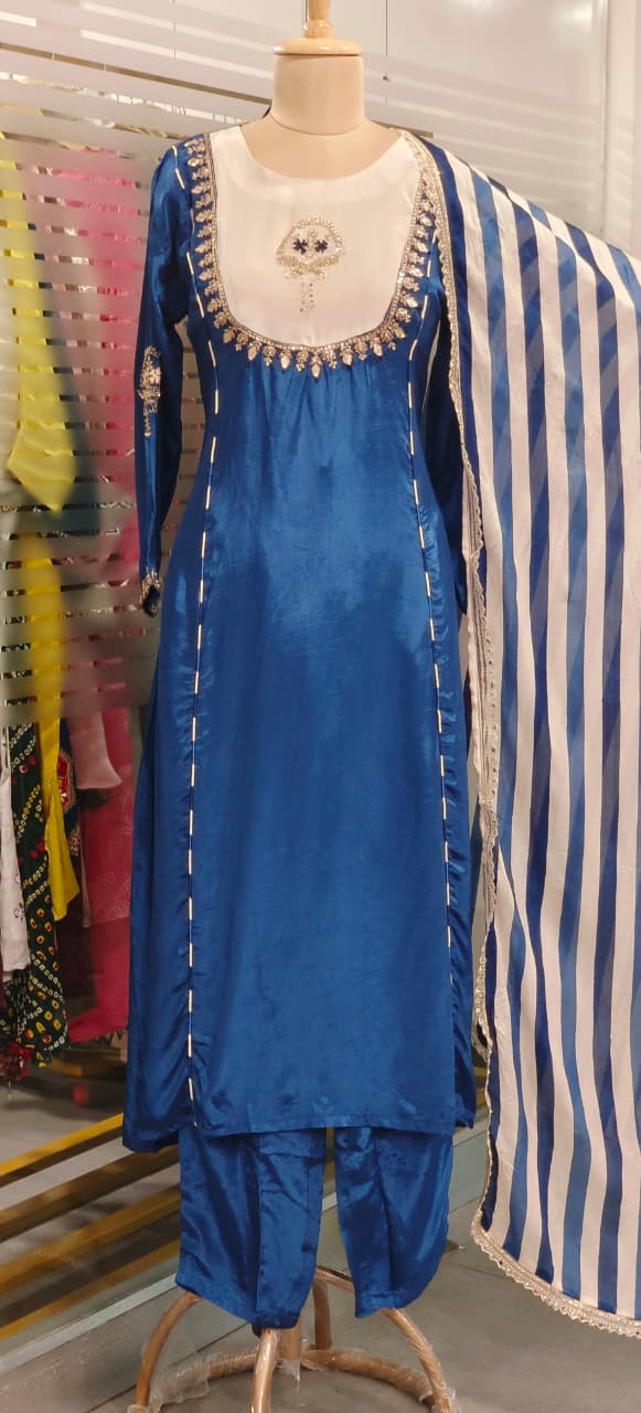 U-Yoke Zardosi Embroidered A-Line Full Suit Set With Striped Dupatta In Crepe Fabric- 11781, 11782