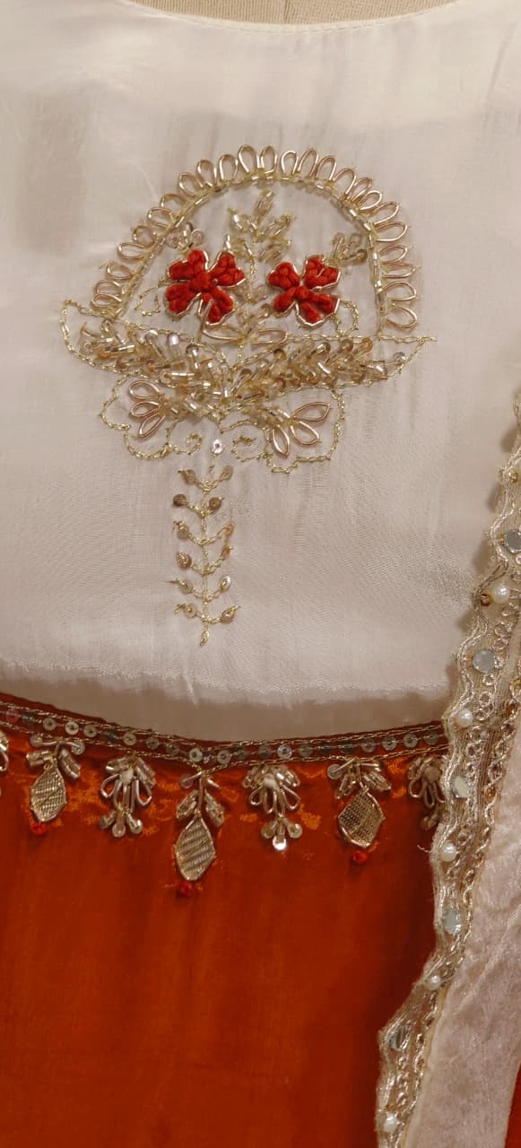 U-Yoke Zardosi Embroidered A-Line Full Suit Set With Striped Dupatta In Crepe Fabric- 11781, 11782