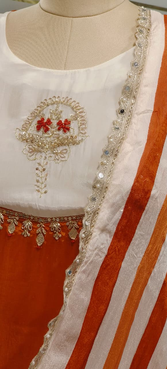 U-Yoke Zardosi Embroidered A-Line Full Suit Set With Striped Dupatta In Crepe Fabric- 11781, 11782