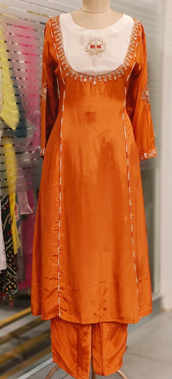 U-Yoke Zardosi Embroidered A-Line Full Suit Set With Striped Dupatta In Crepe Fabric- 11781, 11782