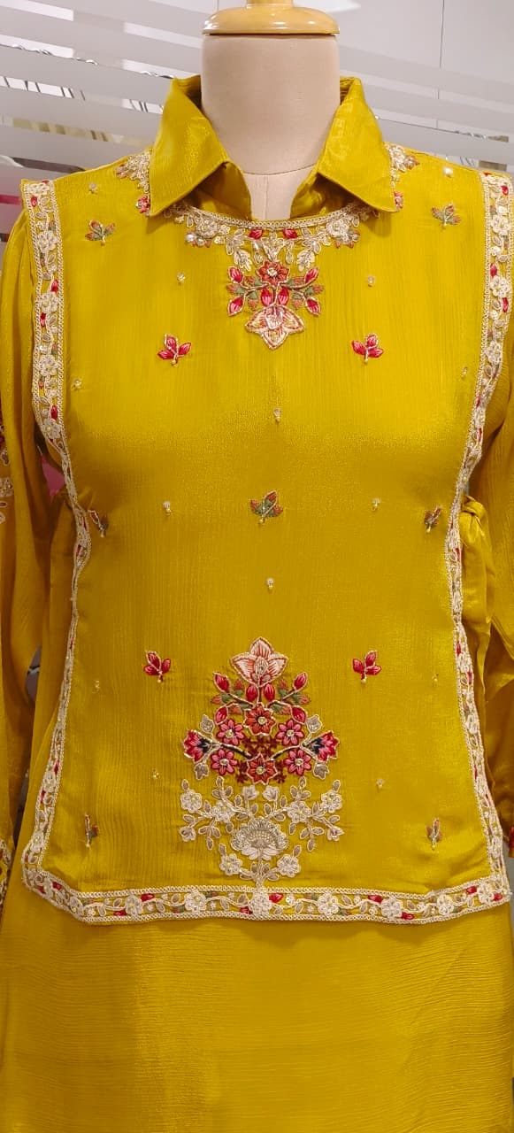 Over Layered Beautiful Embroidered Kurta With Panel Palazzo Bottom In Chinon Fabric- 11819