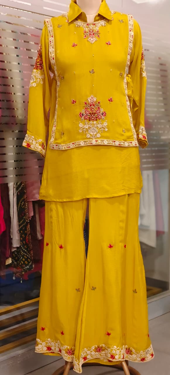Over Layered Beautiful Embroidered Kurta With Panel Palazzo Bottom In Chinon Fabric- 11819