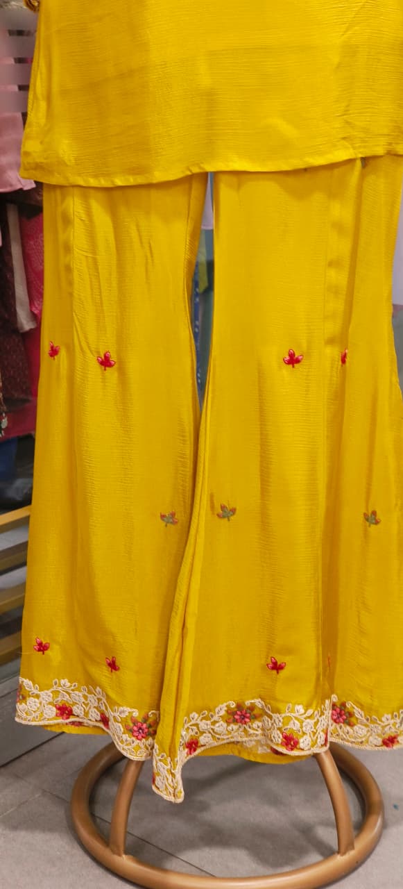 Over Layered Beautiful Embroidered Kurta With Panel Palazzo Bottom In Chinon Fabric- 11819