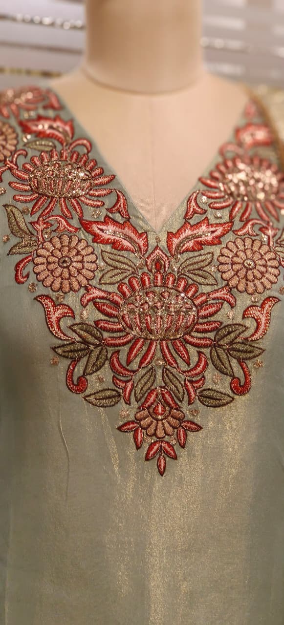 Sequencly Embroidered Front Yoke Tissue Full Suit Set With Farsi Bottom & Floral Dupatta - 11818