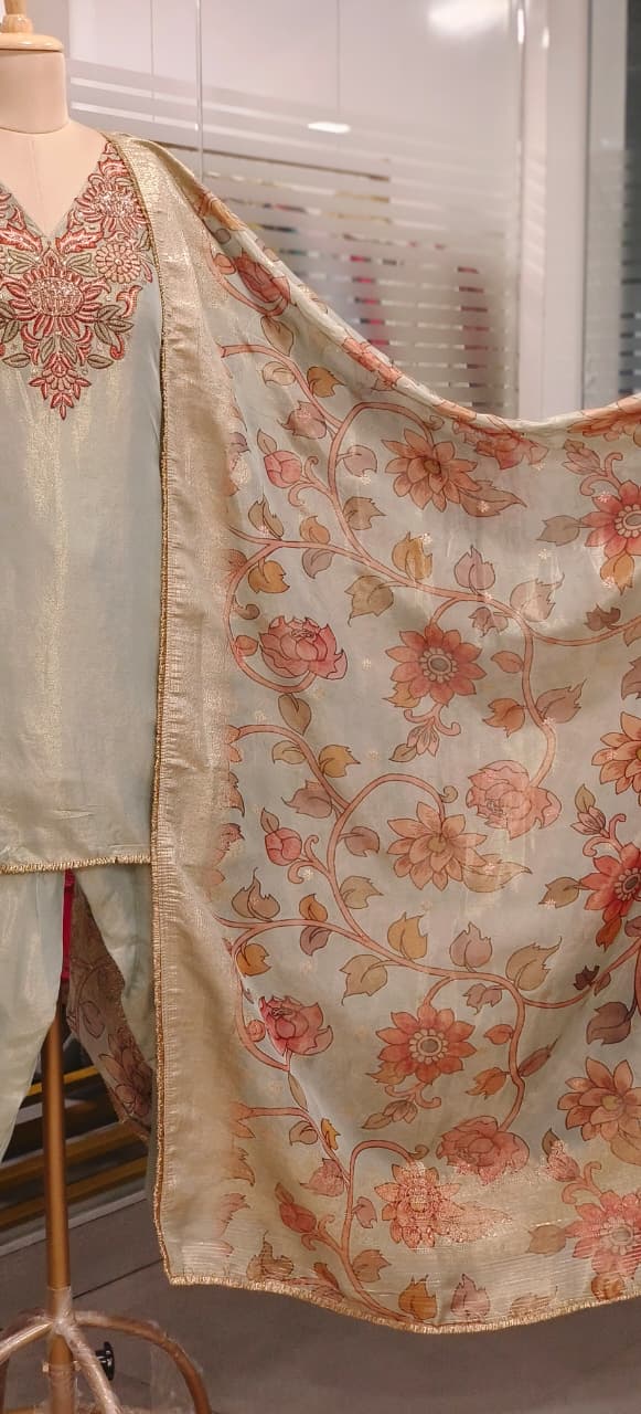 Sequencly Embroidered Front Yoke Tissue Full Suit Set With Farsi Bottom & Floral Dupatta - 11818