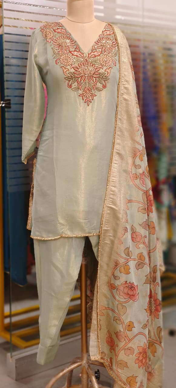 Sequencly Embroidered Front Yoke Tissue Full Suit Set With Farsi Bottom & Floral Dupatta - 11818