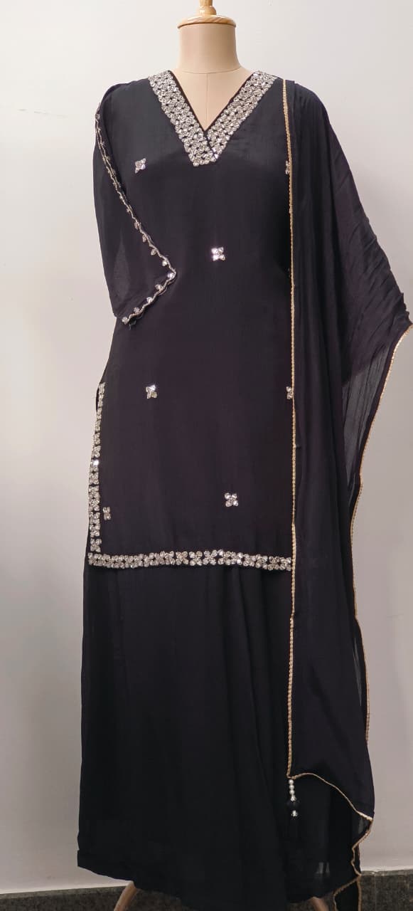 Sequenced Real Mirror Elegance Short Length Kurta With Loose Palazzo Bottom & Dupatta In Georgette Fabric- 11947