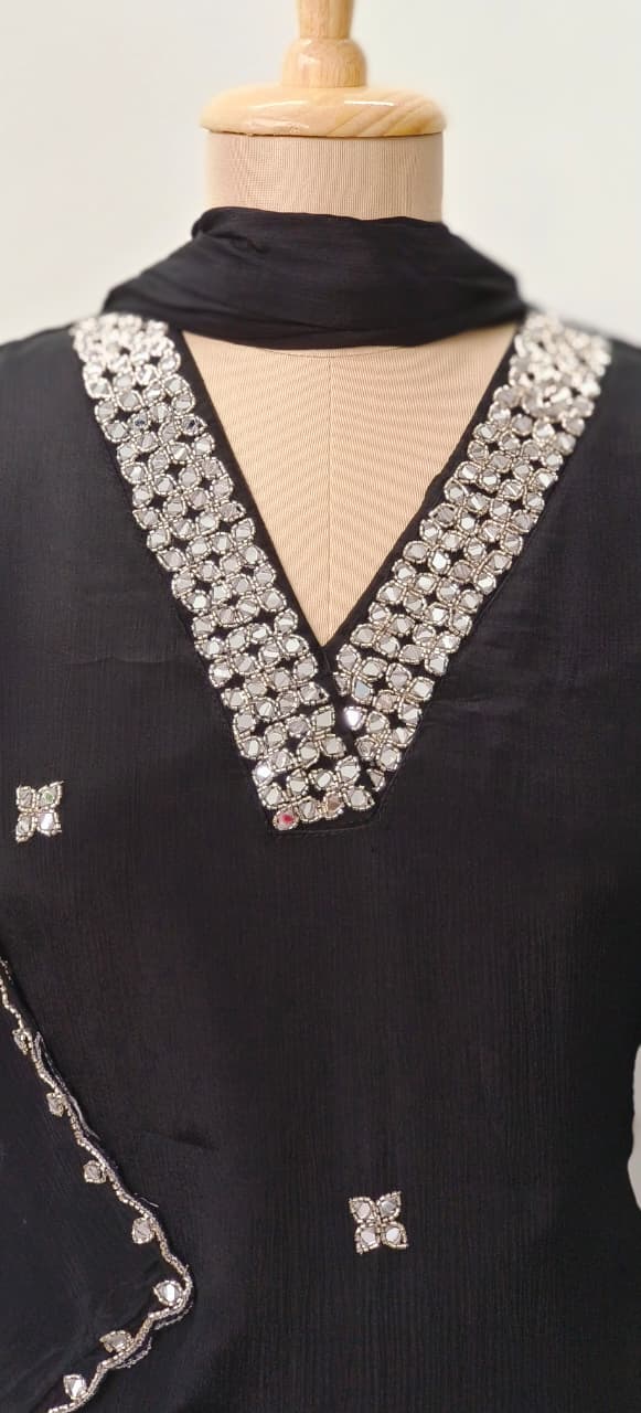 Sequenced Real Mirror Elegance Short Length Kurta With Loose Palazzo Bottom & Dupatta In Georgette Fabric- 11947