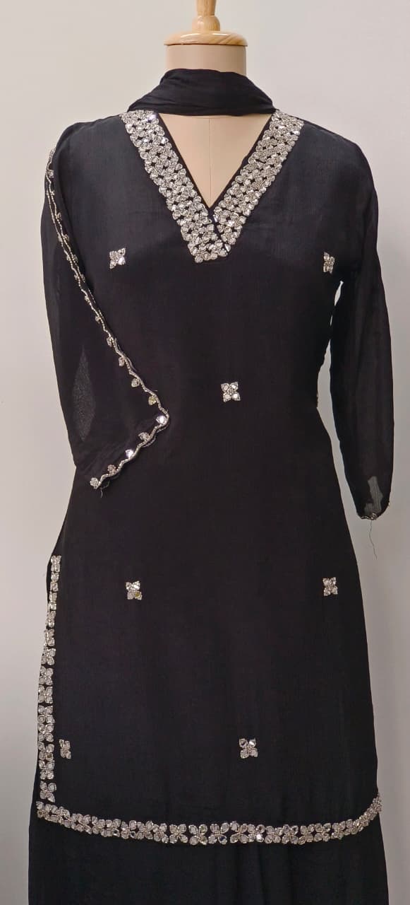 Sequenced Real Mirror Elegance Short Length Kurta With Loose Palazzo Bottom & Dupatta In Georgette Fabric- 11947