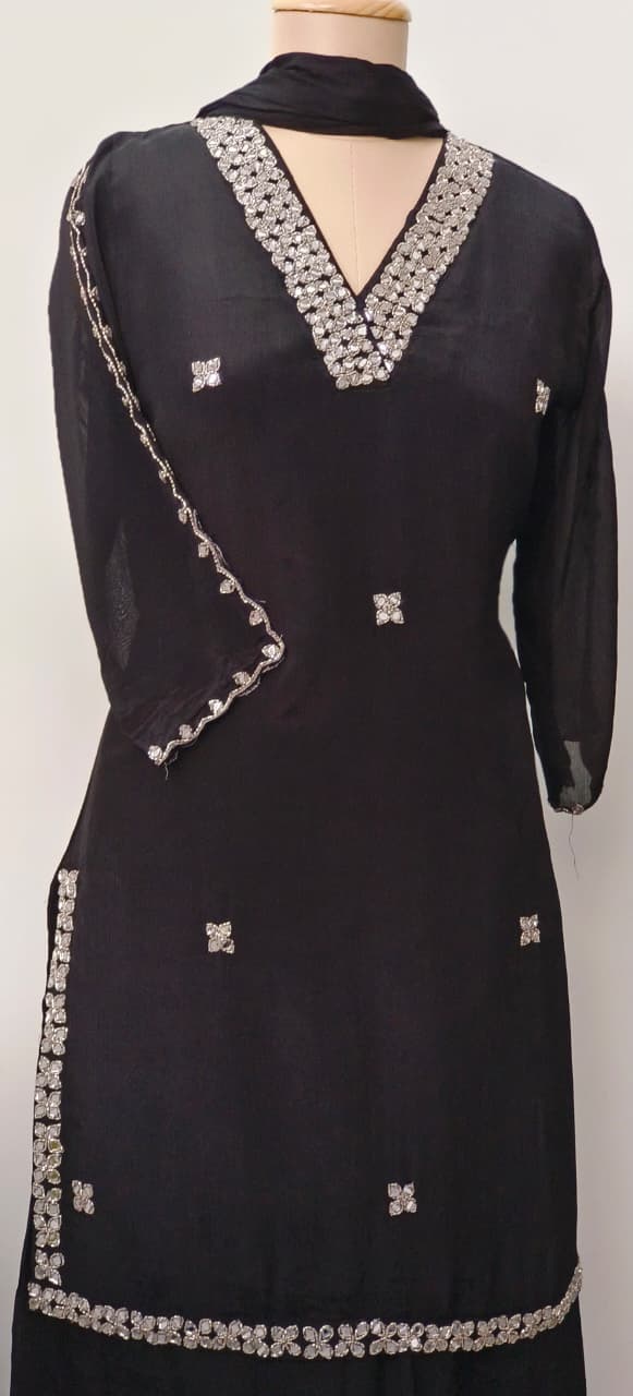 Sequenced Real Mirror Elegance Short Length Kurta With Loose Palazzo Bottom & Dupatta In Georgette Fabric- 11947