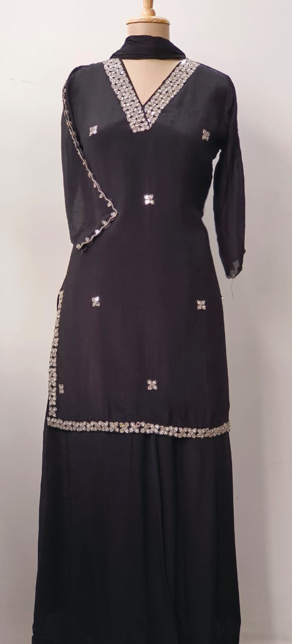 Sequenced Real Mirror Elegance Short Length Kurta With Loose Palazzo Bottom & Dupatta In Georgette Fabric- 11947