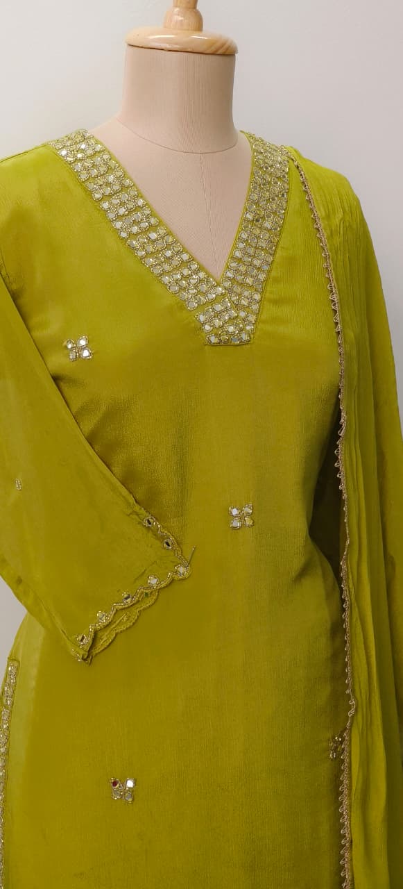 Sequenced Real Mirror Elegance Short Length Kurta With Loose Palazzo Bottom & Dupatta In Georgette Fabric- 11947