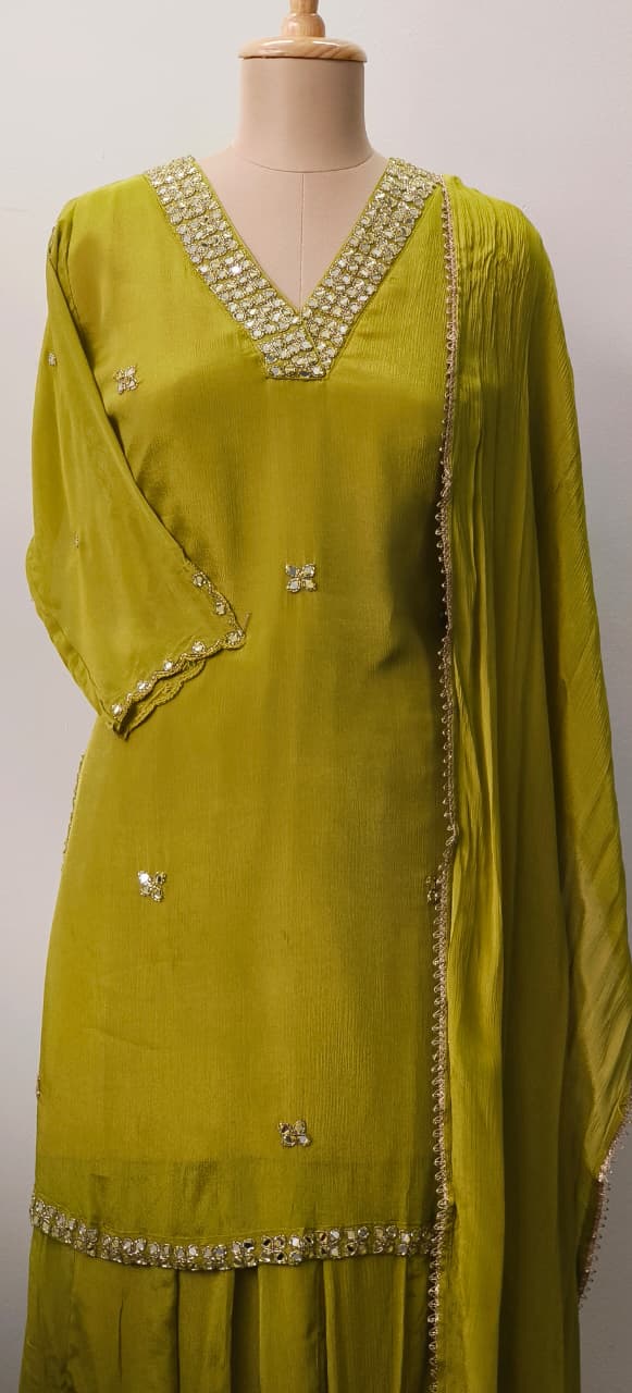 Sequenced Real Mirror Elegance Short Length Kurta With Loose Palazzo Bottom & Dupatta In Georgette Fabric- 11947