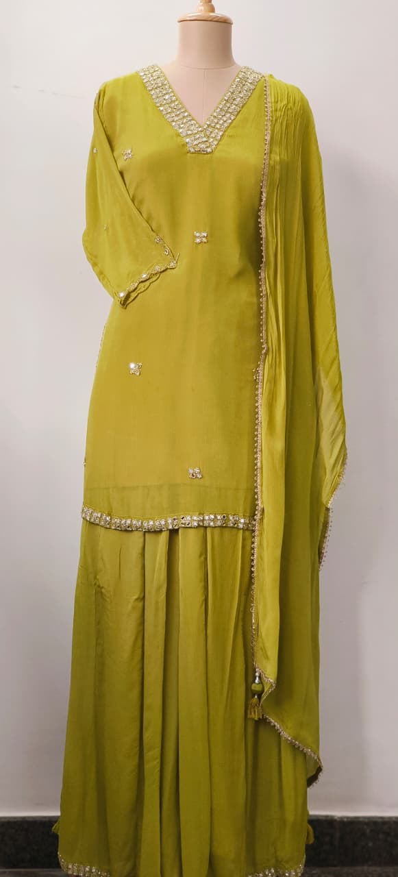 Sequenced Real Mirror Elegance Short Length Kurta With Loose Palazzo Bottom & Dupatta In Georgette Fabric- 11947