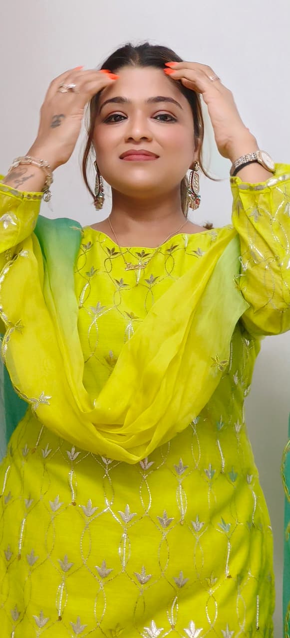 Elegant Gotta With Tiny Pearl Over Work Full Suit Set With Dual Tone Dupatta & Loose Palazzo Crush Gotta Work Bottom- 11828
